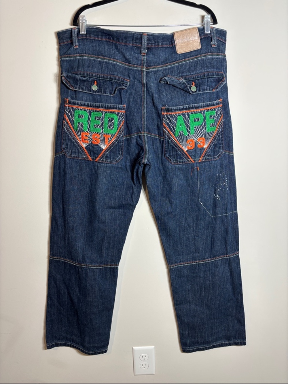 Vintage Y2K Red Ape Jeans Baggy Embroidered 38x32 Streetwear
